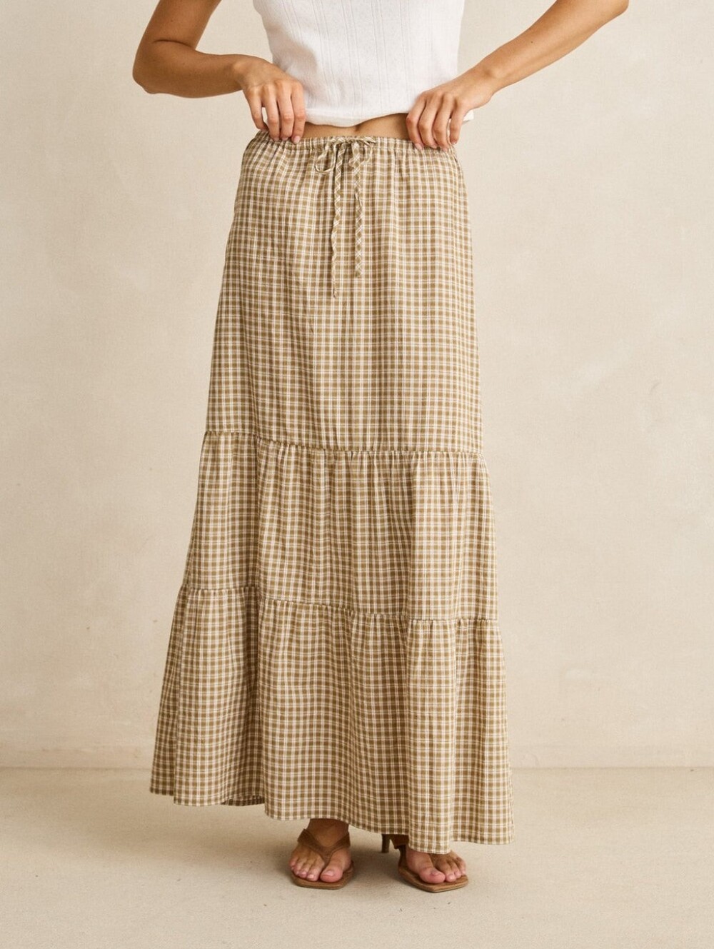 Rhythm Palmer Check Plaid Ruffle Maxi Skirt Sage Green Fall Cotton Small NWT
